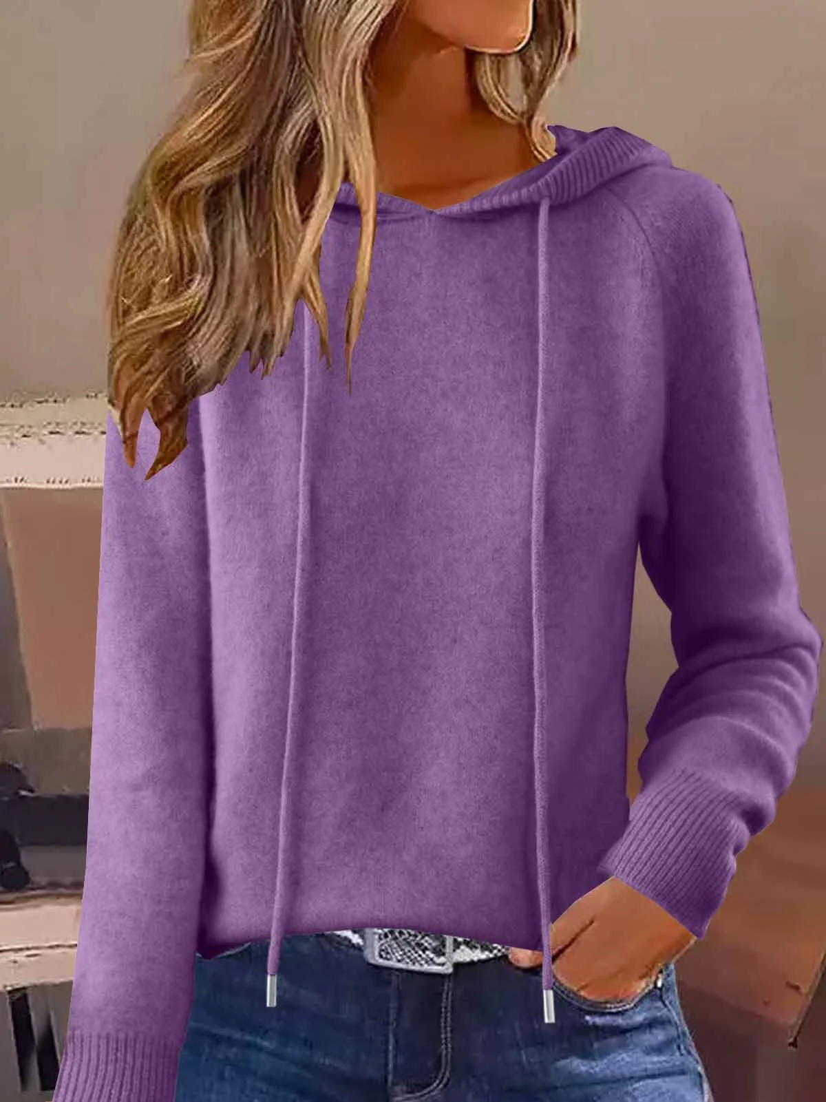Women's Autumn And Winter Hooded Sweatshirt Solid Color Outer Wear Hooded Sweater Loose Drawstring Casual Style