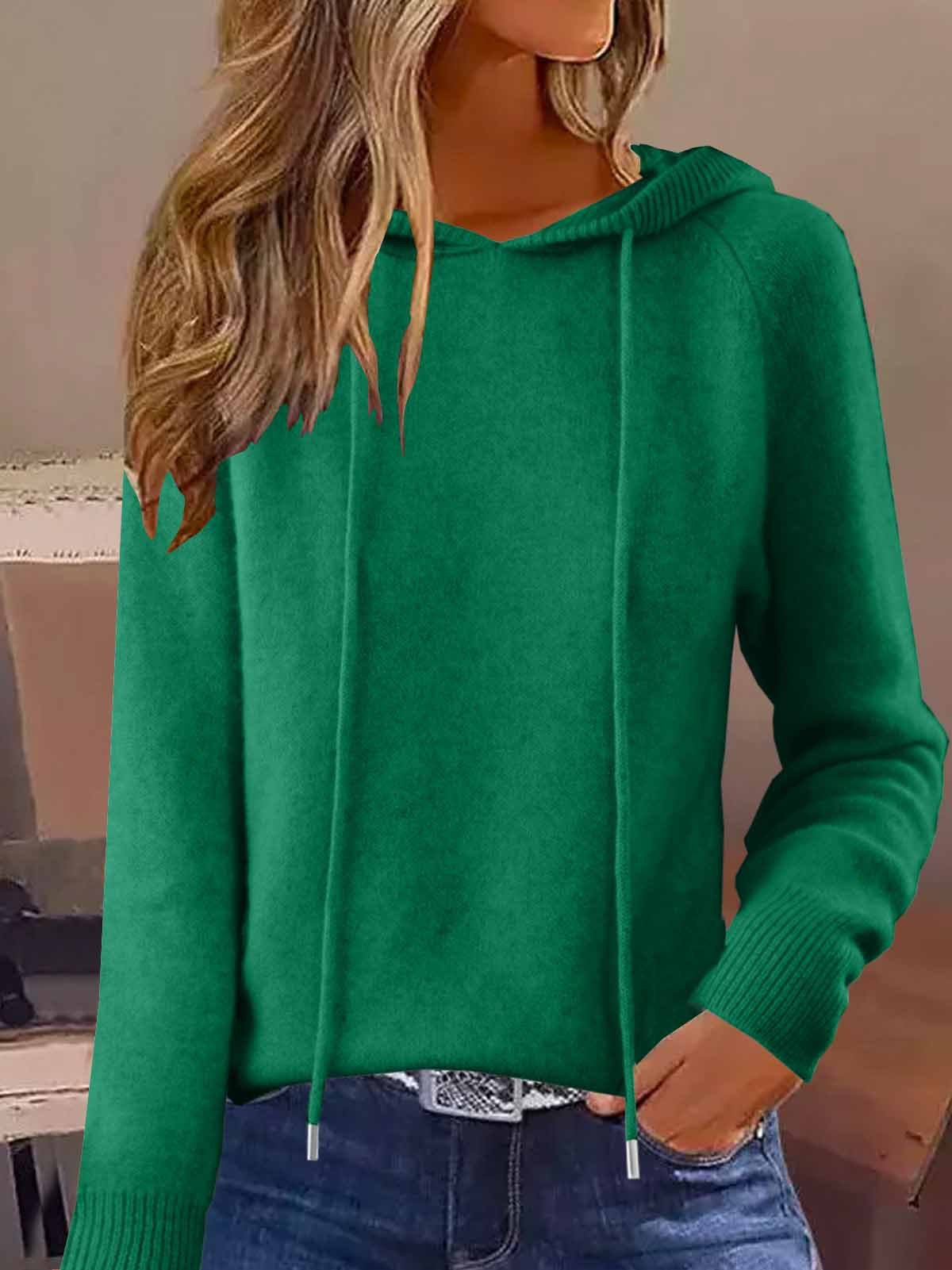 Women's Autumn And Winter Hooded Sweatshirt Solid Color Outer Wear Hooded Sweater Loose Drawstring Casual Style