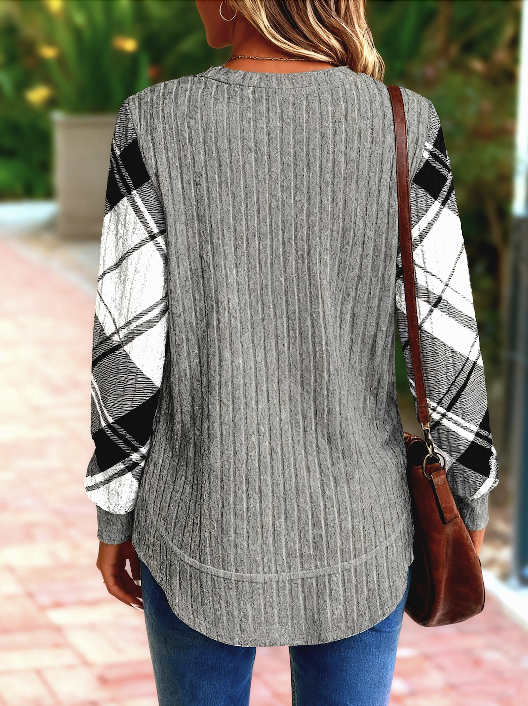 Women Color Block Crew Neck Casual Long Sleeve T-shirt