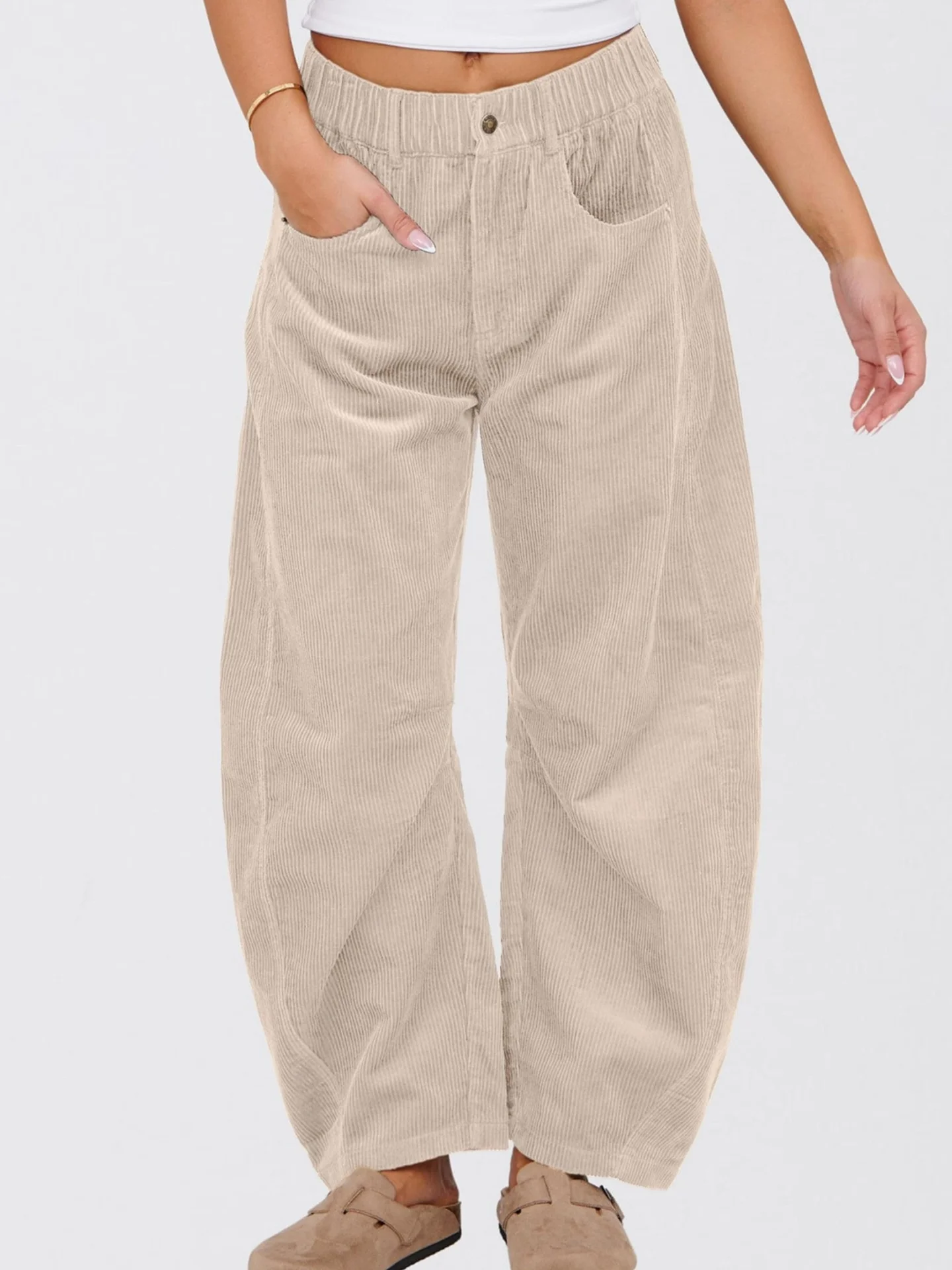 Women's  Elastic Waist H-Line Corduroy Pants Daily Going Out Pants Beige Casual Split Joint Plain Spring/Fall Pants