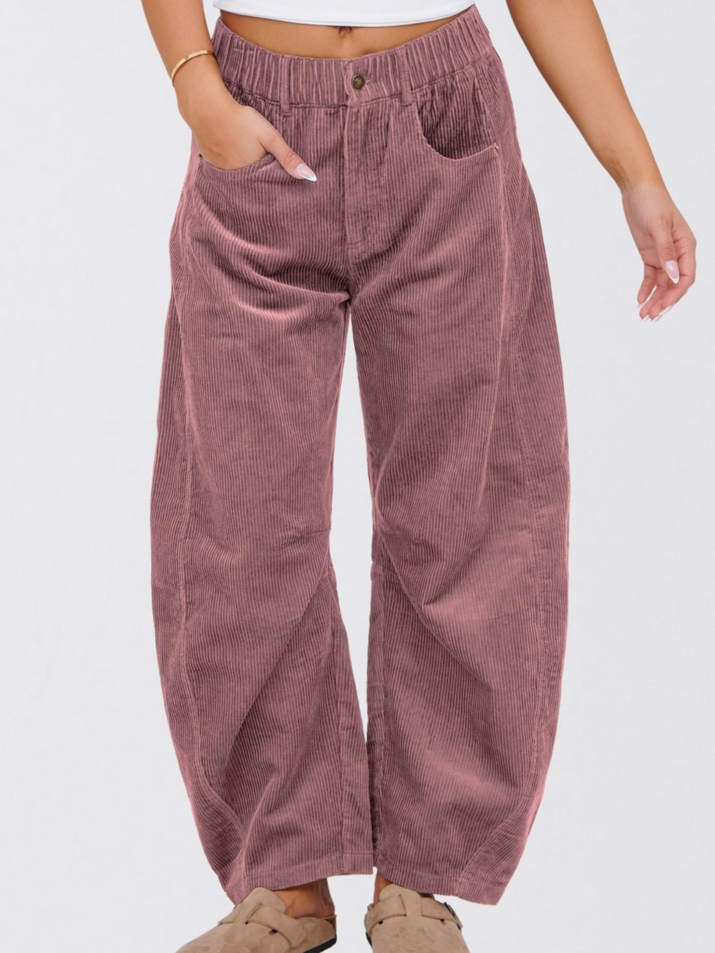Women's  Elastic Waist H-Line Corduroy Pants Daily Going Out Pants Beige Casual Split Joint Plain Spring/Fall Pants