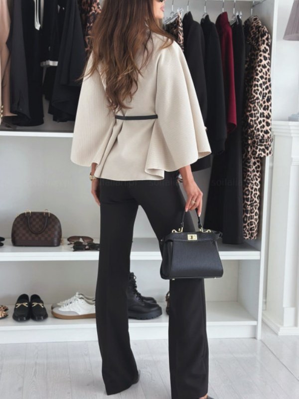 Urban Loose Split Joint Dolman Sleeve Plain Cloak With Belt