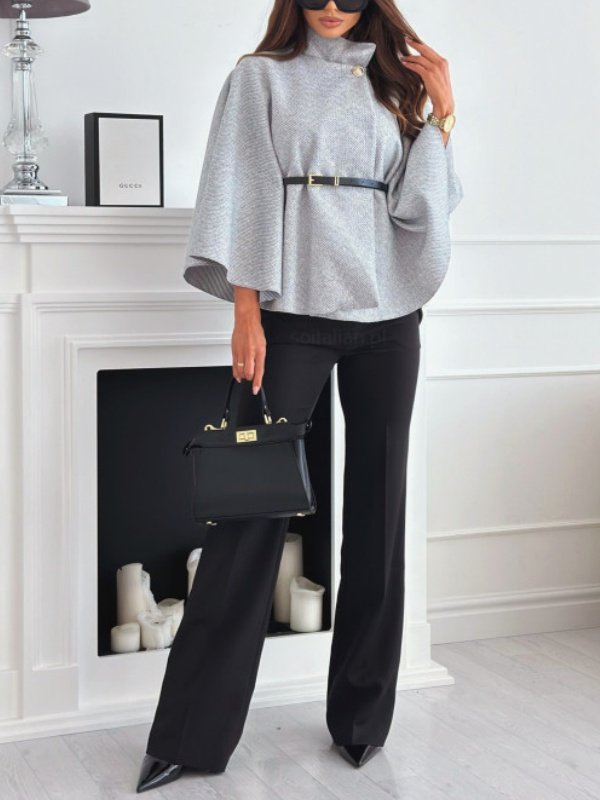 Urban Loose Split Joint Dolman Sleeve Plain Cloak With Belt