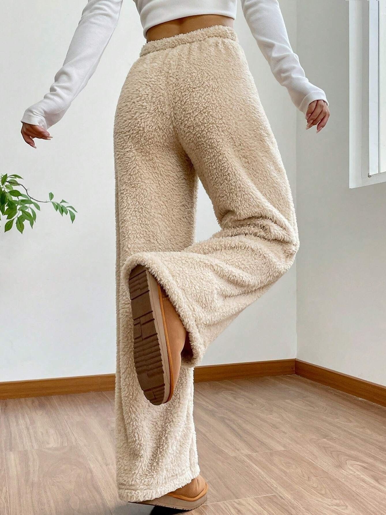 Women's  Elastic Waist H-Line Wide Leg Pants Daily Going Out Pants Apricot Casual Split Joint Plain Spring/Fall Pants