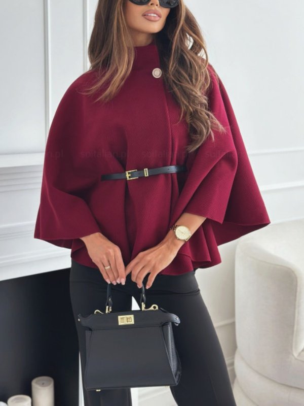 Urban Loose Split Joint Dolman Sleeve Plain Cloak With Belt