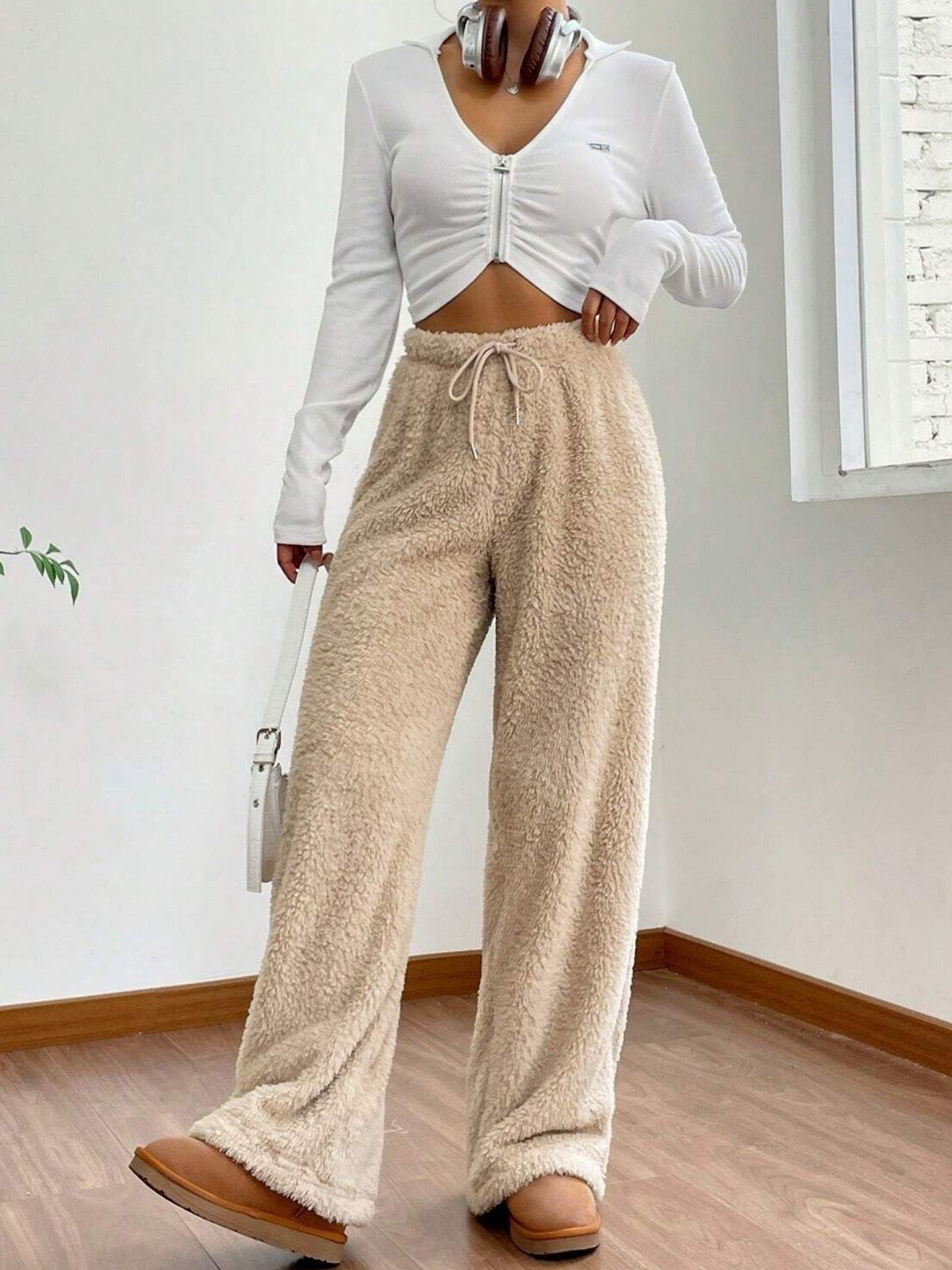 Women's  Elastic Waist H-Line Wide Leg Pants Daily Going Out Pants Apricot Casual Split Joint Plain Spring/Fall Pants