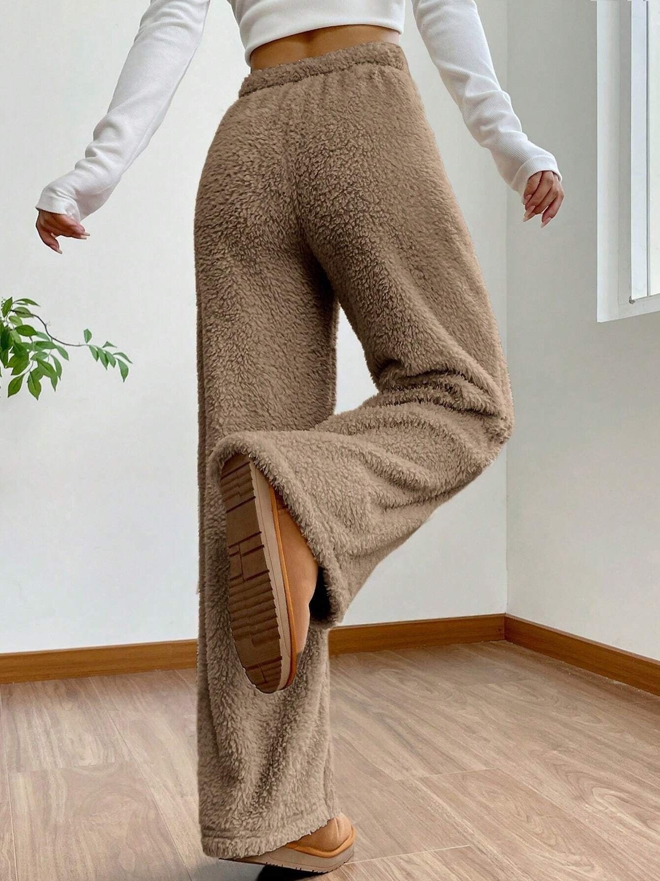 Women's  Elastic Waist H-Line Wide Leg Pants Daily Going Out Pants Apricot Casual Split Joint Plain Spring/Fall Pants