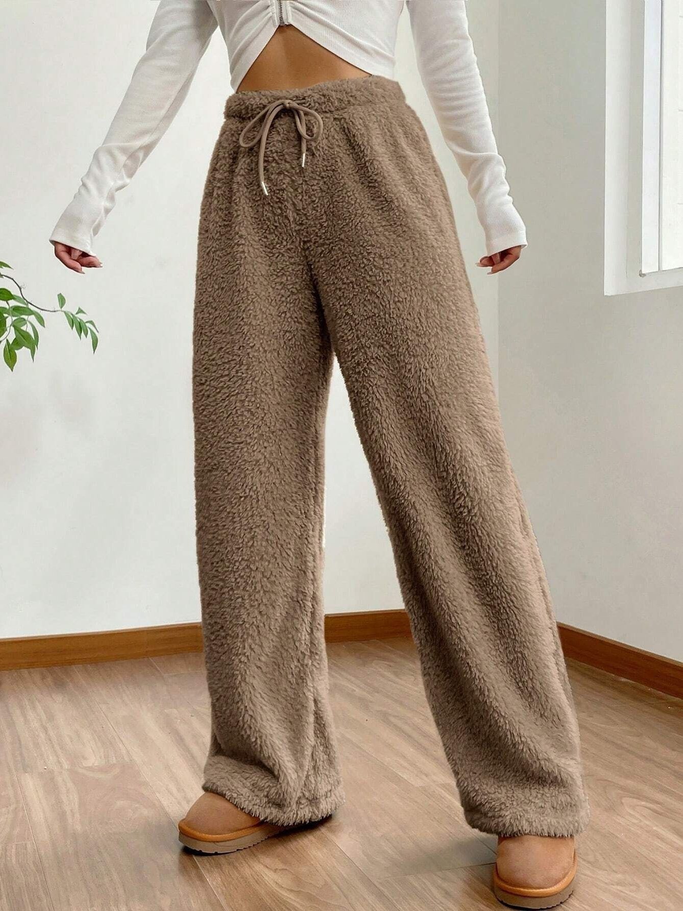 Women's  Elastic Waist H-Line Wide Leg Pants Daily Going Out Pants Apricot Casual Split Joint Plain Spring/Fall Pants