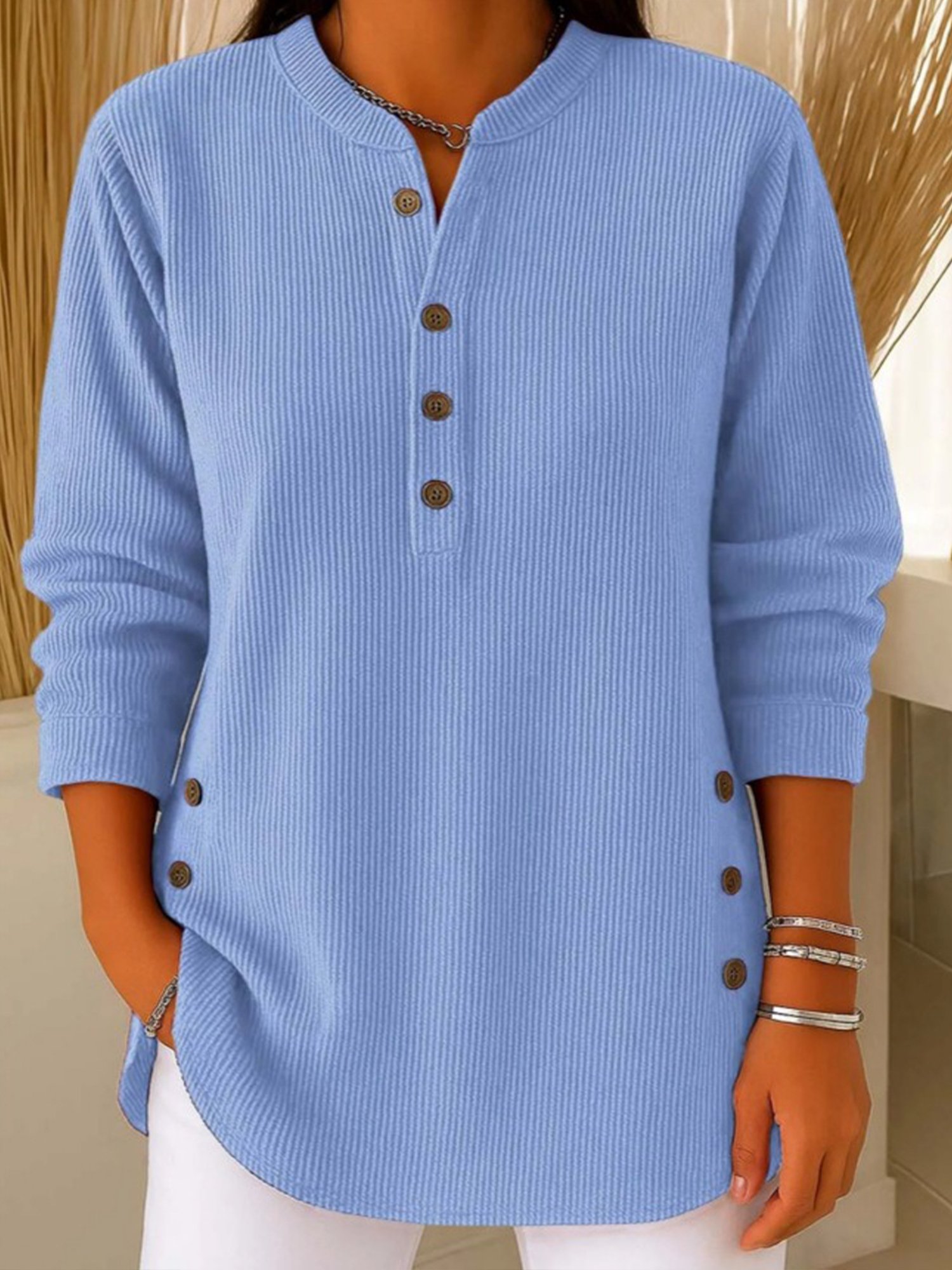 Casual Plain Stand Collar Blouse