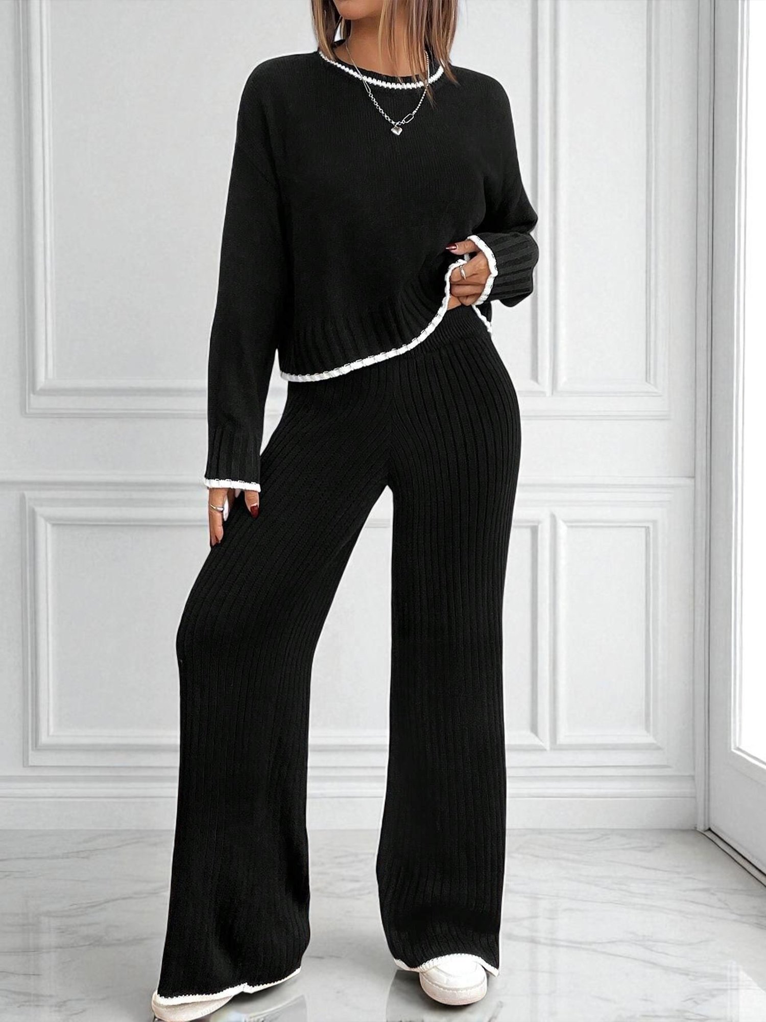 Casual Color Block Crew Neck Two-Piece Set