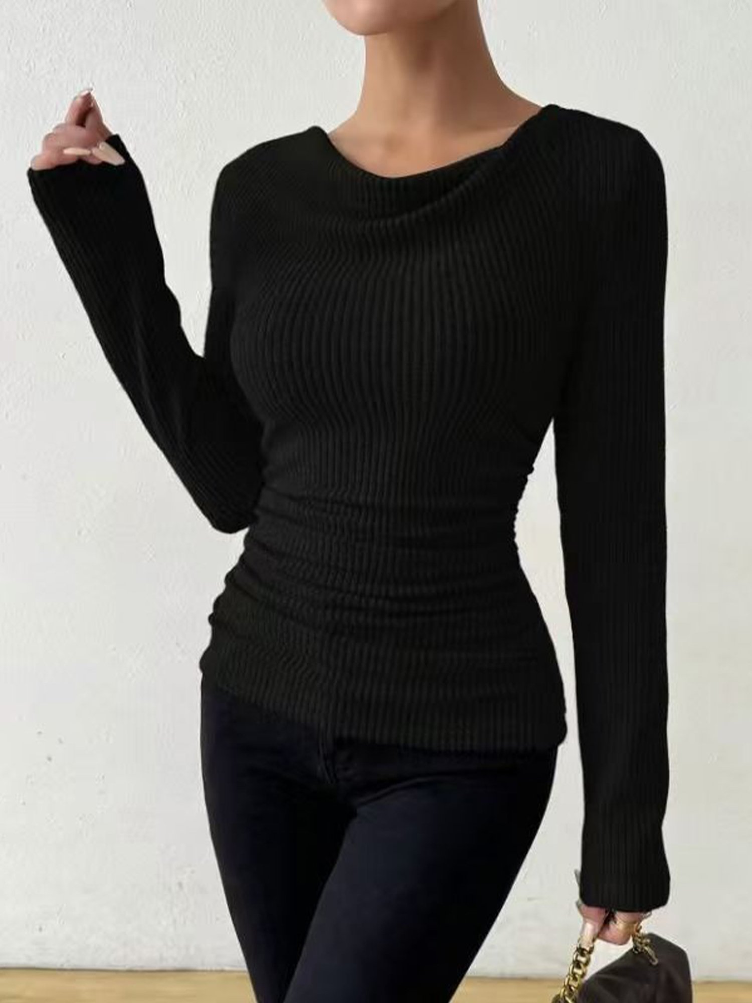 Women Plain Cowl Neck Urban Long Sleeve T-shirt