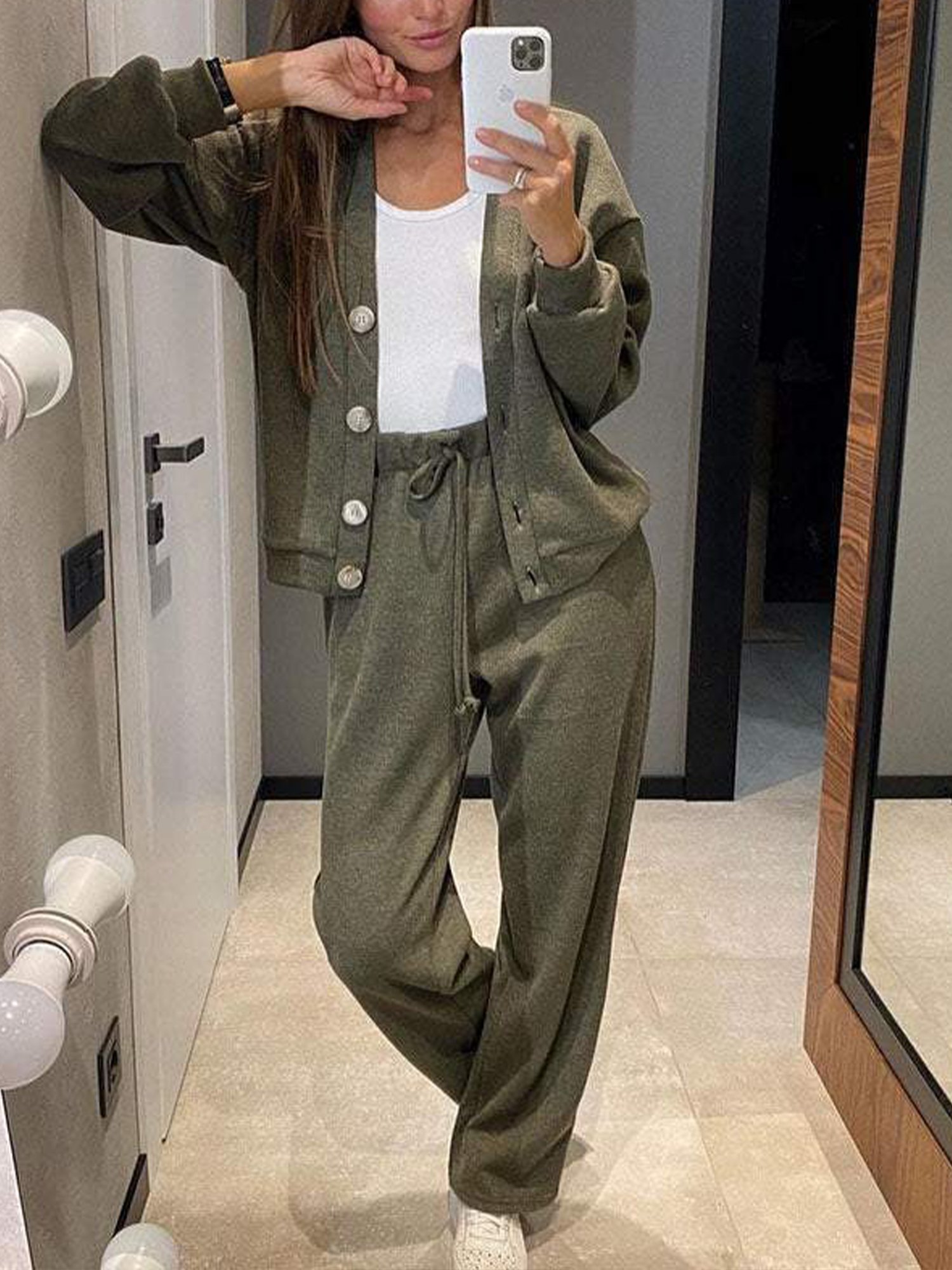 Casual Plain V Neck Two-Piece Set