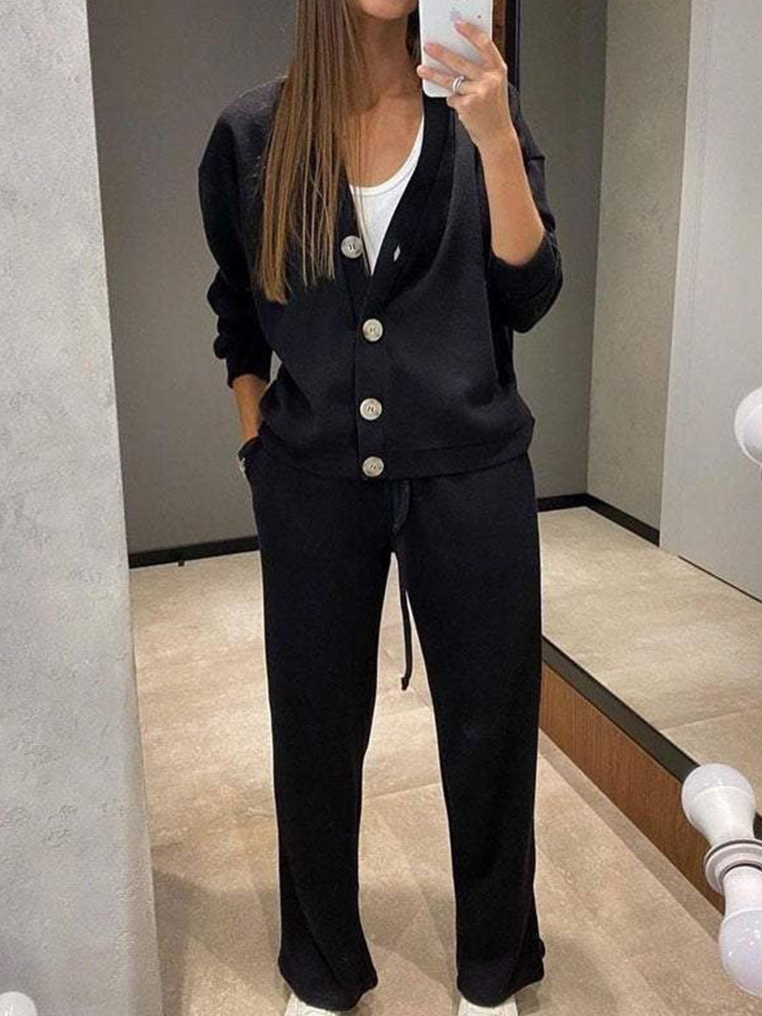 Casual Plain V Neck Two-Piece Set