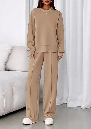 Plain Casual Crew Neck Two-Piece Set