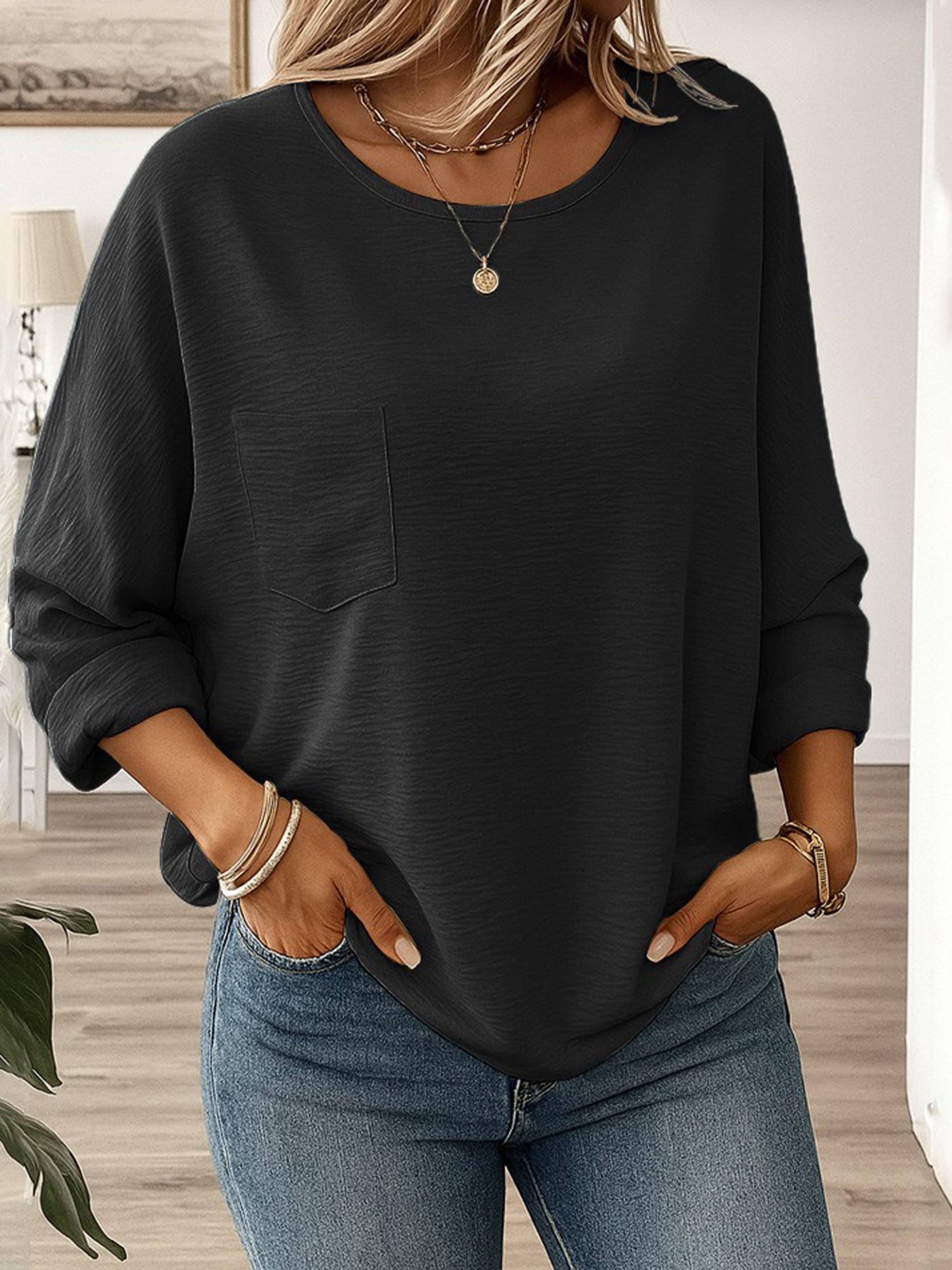 Casual Plain Crew Neck Blouse