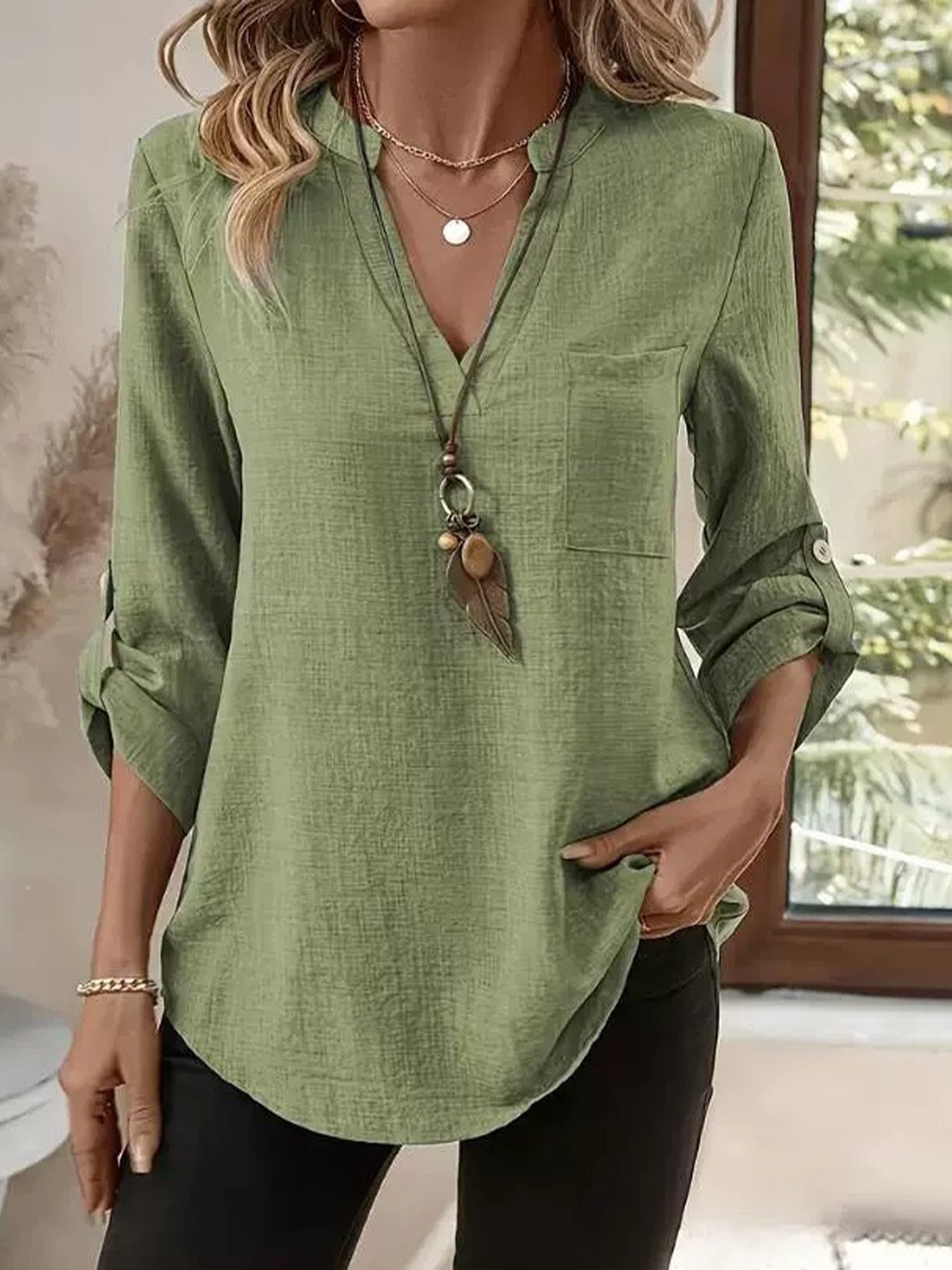 Casual Plain V Neck Shirt