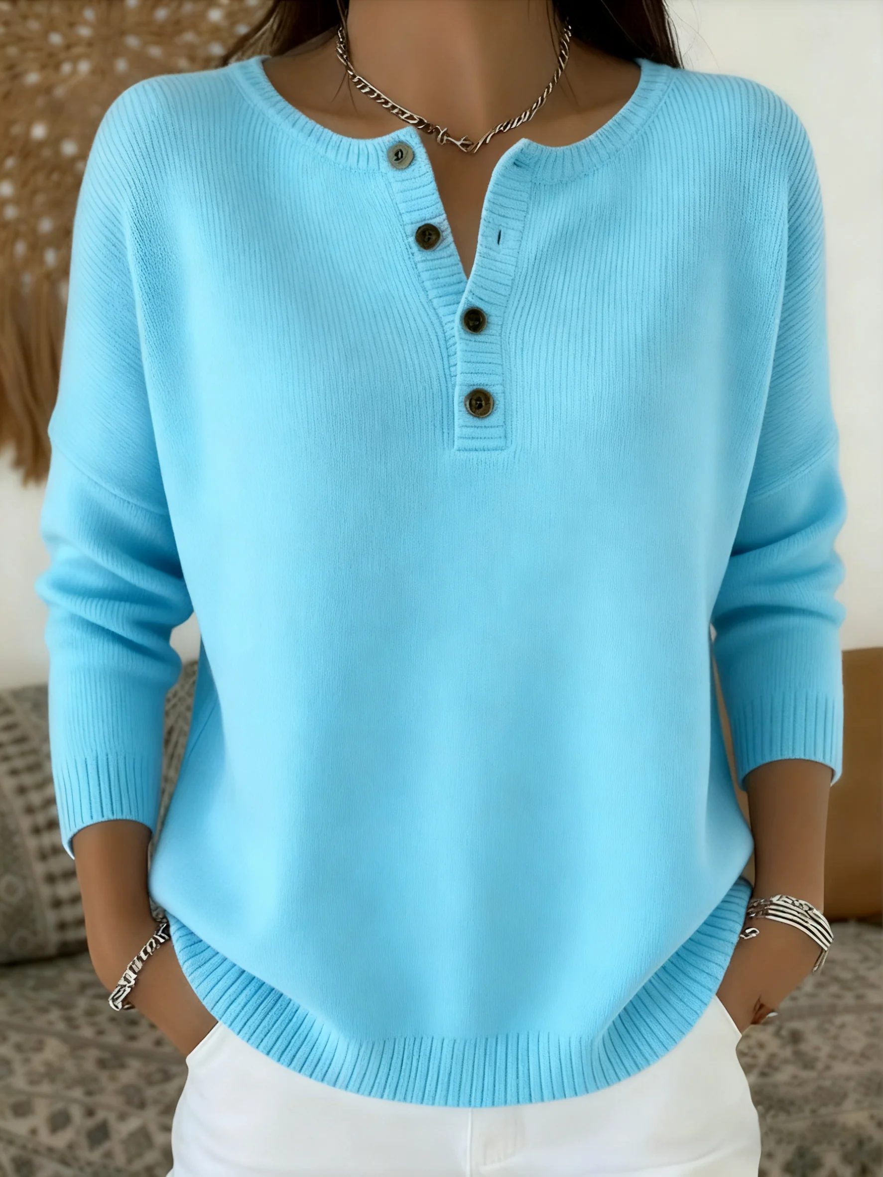 Casual Henley Collar Plain Sweater