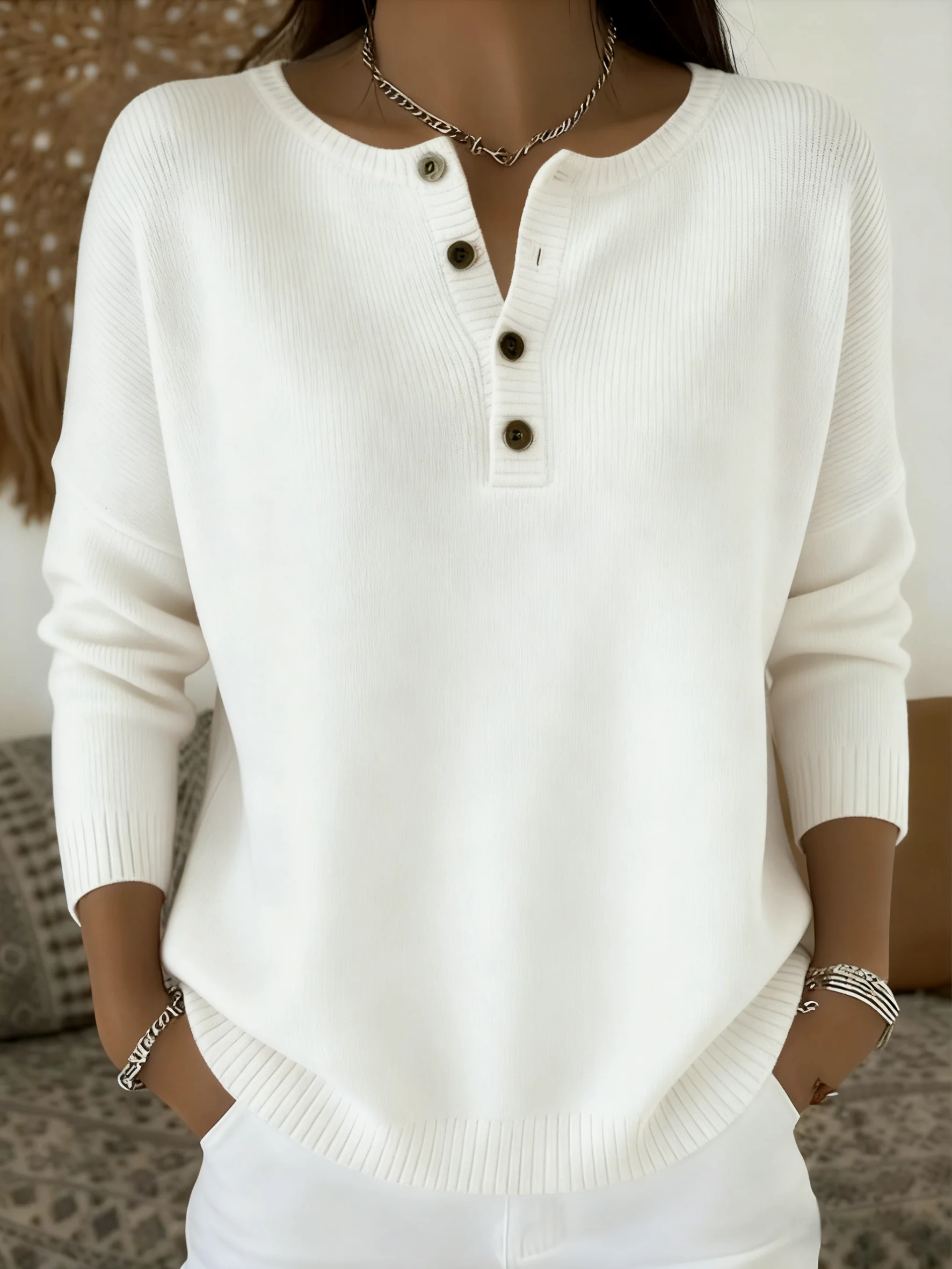 Casual Henley Collar Plain Sweater
