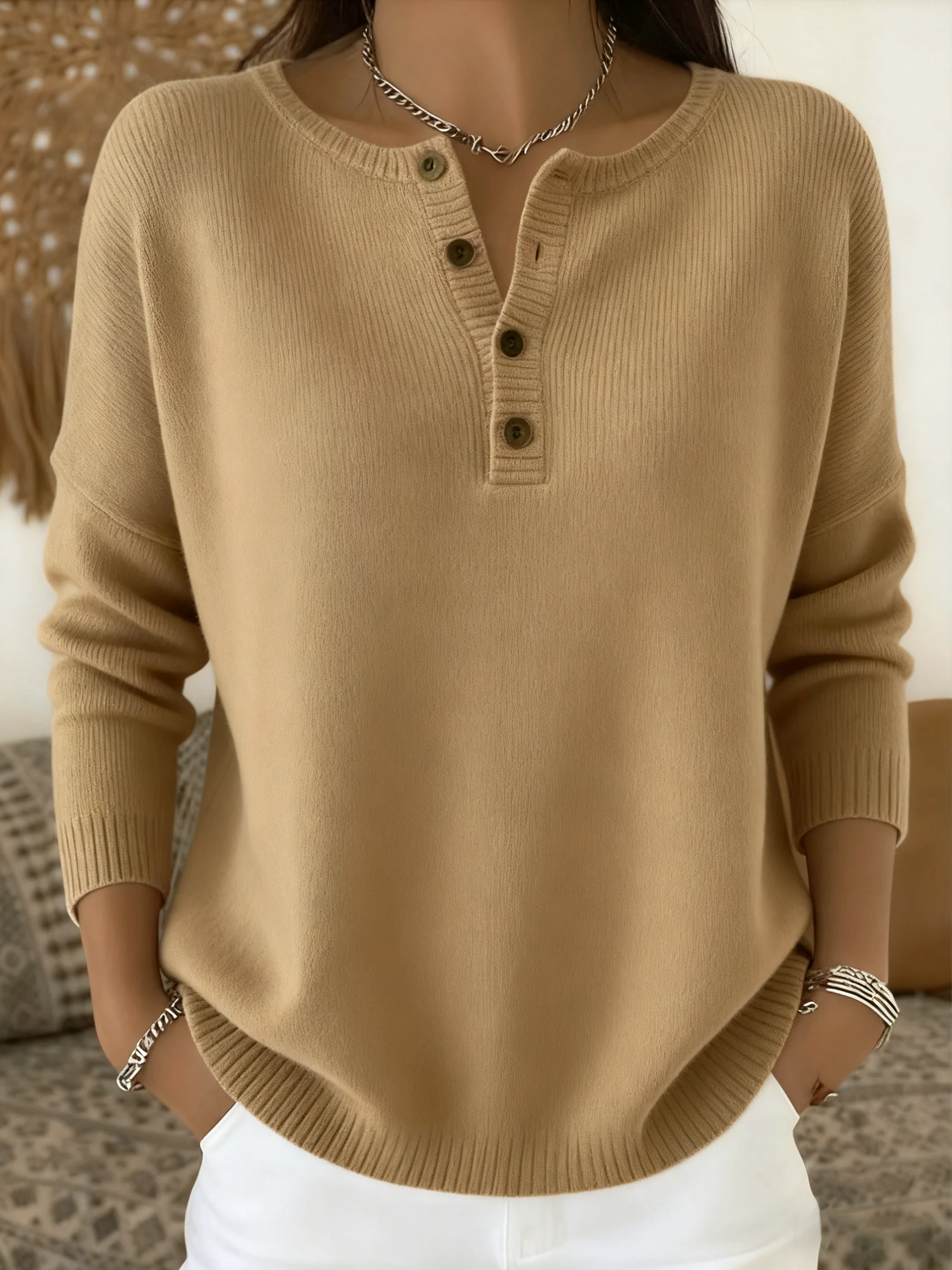 Casual Henley Collar Plain Sweater
