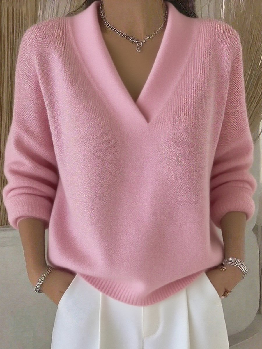 Plain Casual V Neck Loose Sweater