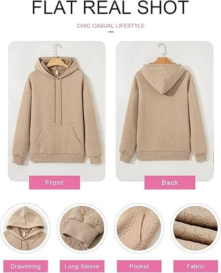 Casual Loose Jacquard Texture Elastic Drawstring Hooded Women's Sweatshirt