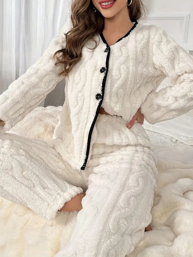 Plain Fluff/Granular Fleece Fabric Simple Lounge Set