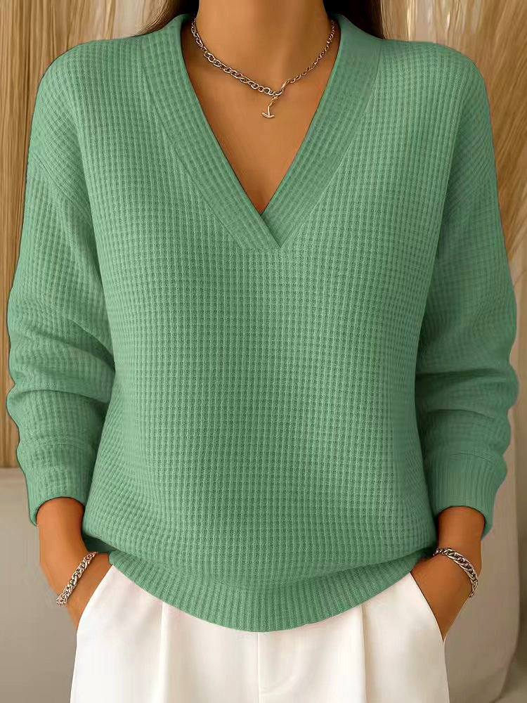 Women Plain V Neck Casual Long Sleeve T-shirt