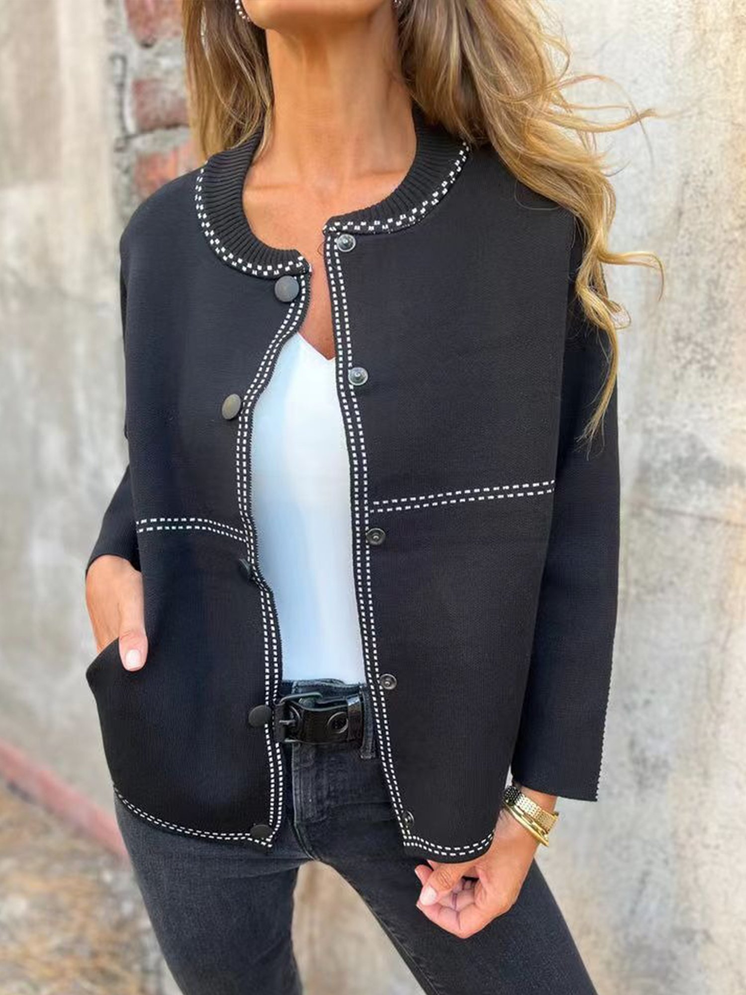 Casual Plain Crew Neck Cardigan