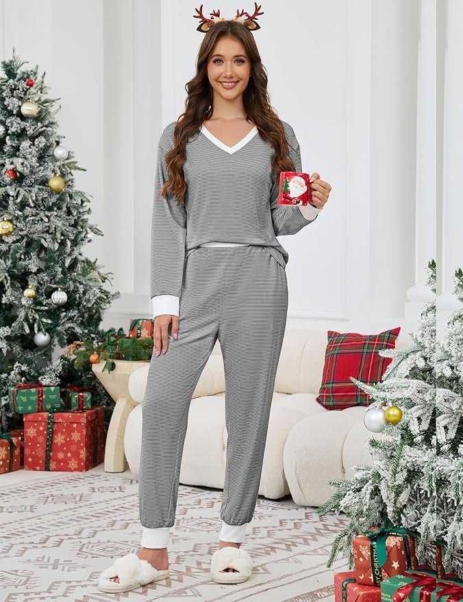 Color Block V Neck Casual Regular Fit Pajama Set