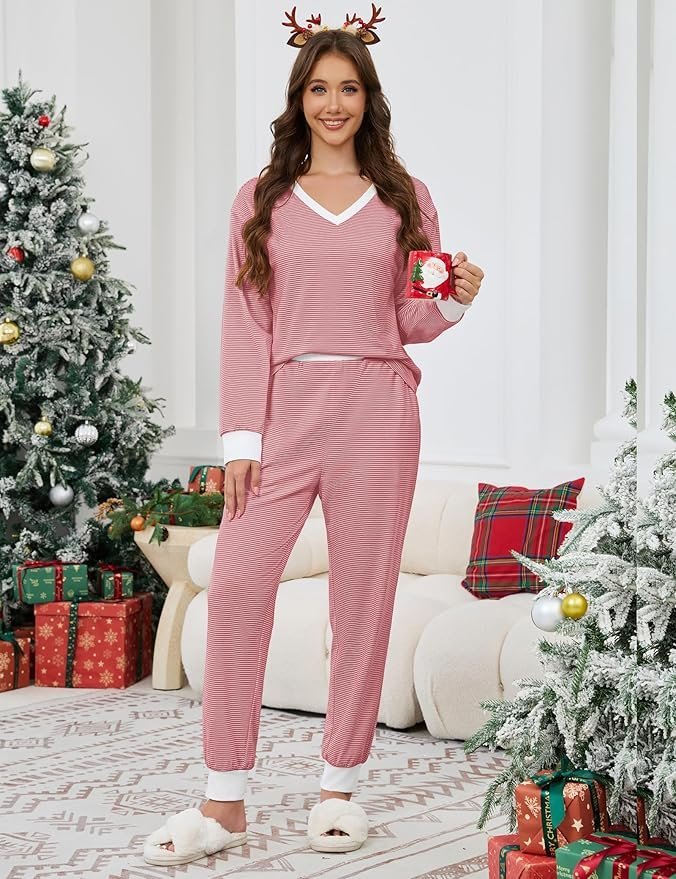 Color Block V Neck Casual Regular Fit Pajama Set