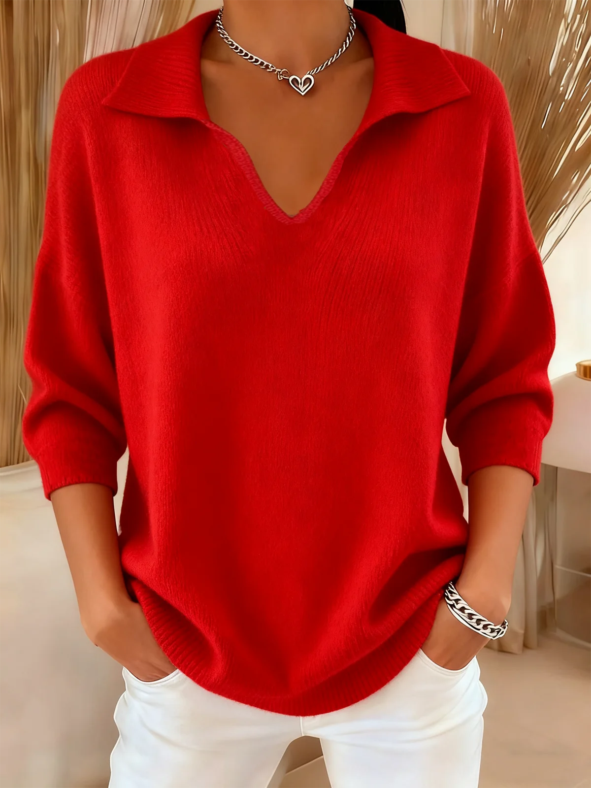Plain Casual Loose V Neck Sweater