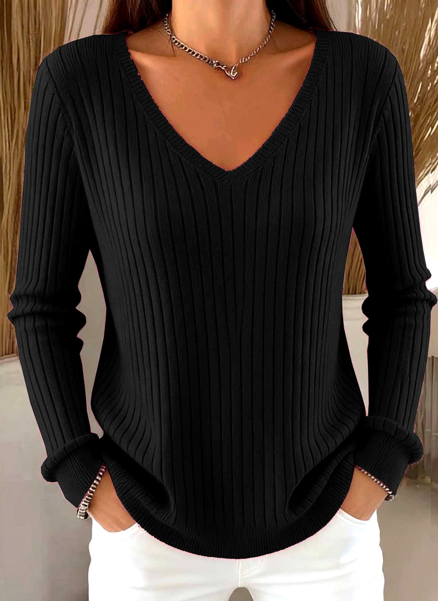 Women Plain V Neck Casual Long Sleeve T-shirt