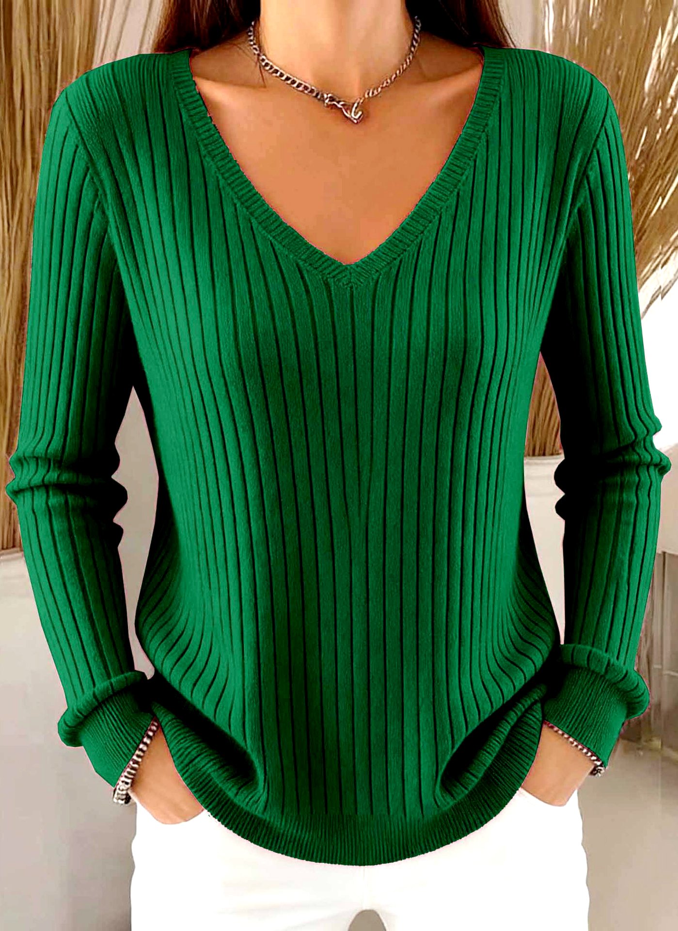 Women Plain V Neck Casual Long Sleeve T-shirt