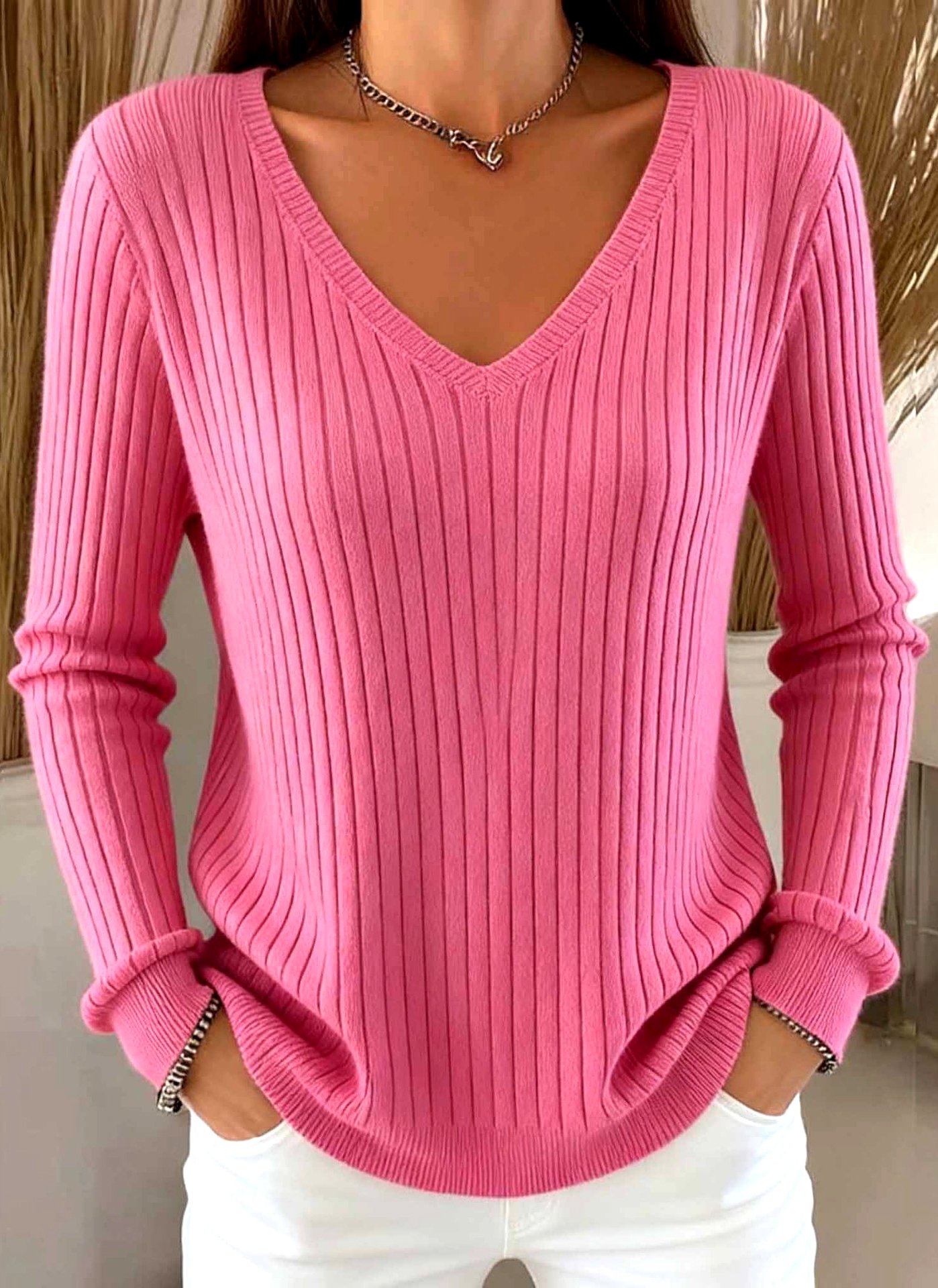 Women Plain V Neck Casual Long Sleeve T-shirt