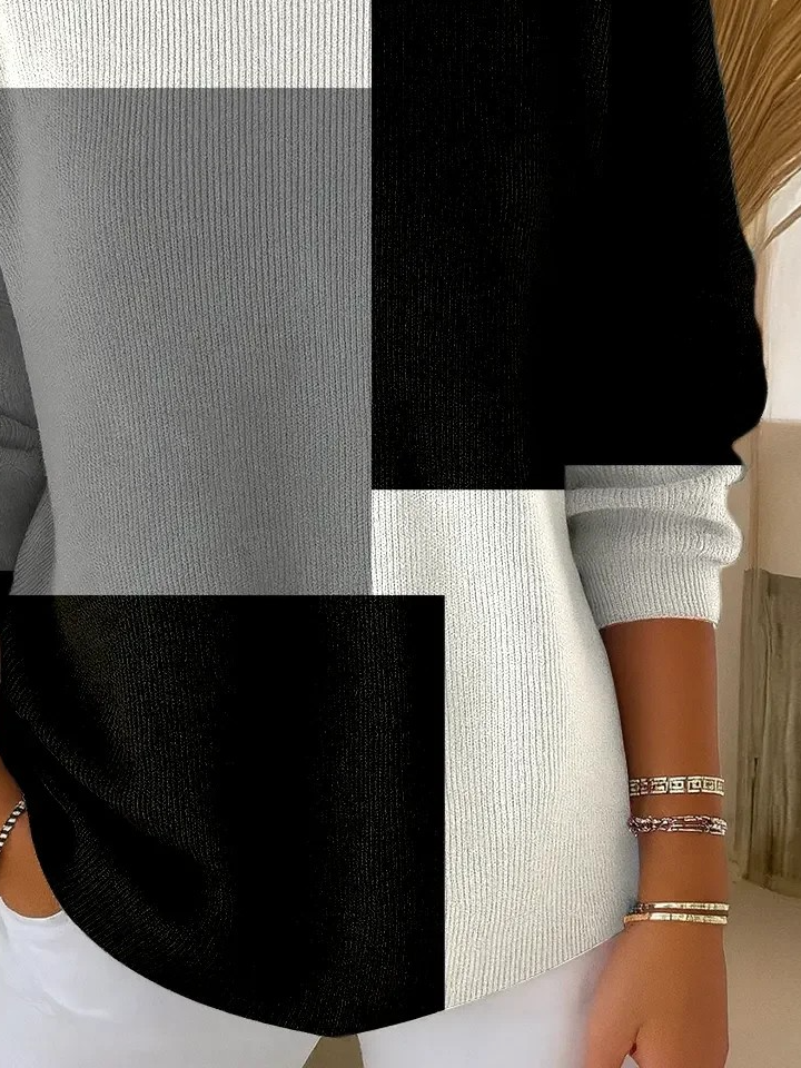 Black And White Colorblock Simple Loose Crew Neck Knit Top