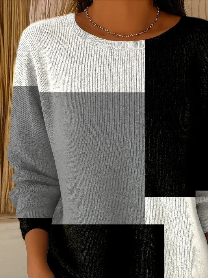 Black And White Colorblock Simple Loose Crew Neck Knit Top