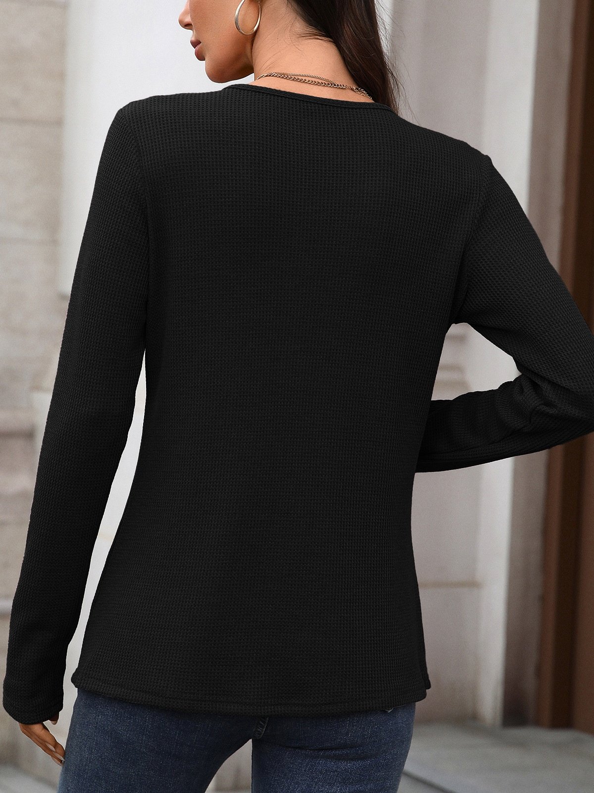 Women Plain V Neck Casual Long Sleeve T-shirt