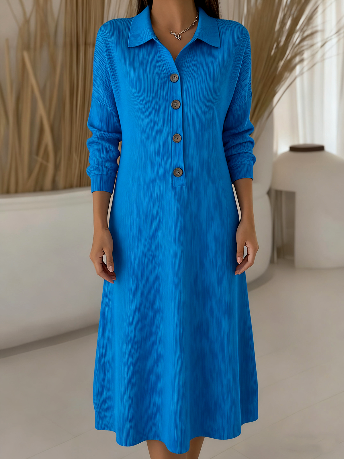 Shawl Collar Casual Plain Loose Sweater Dress With No