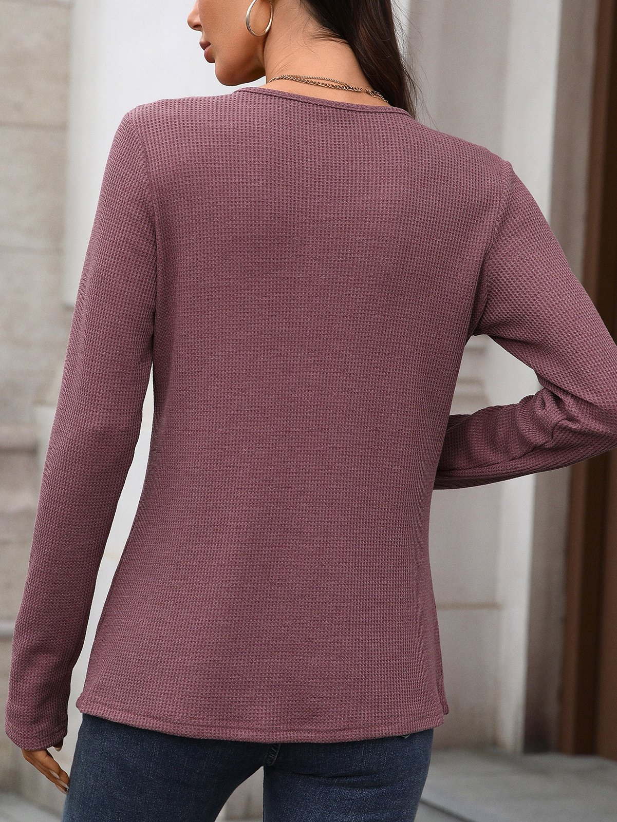 Women Plain V Neck Casual Long Sleeve T-shirt