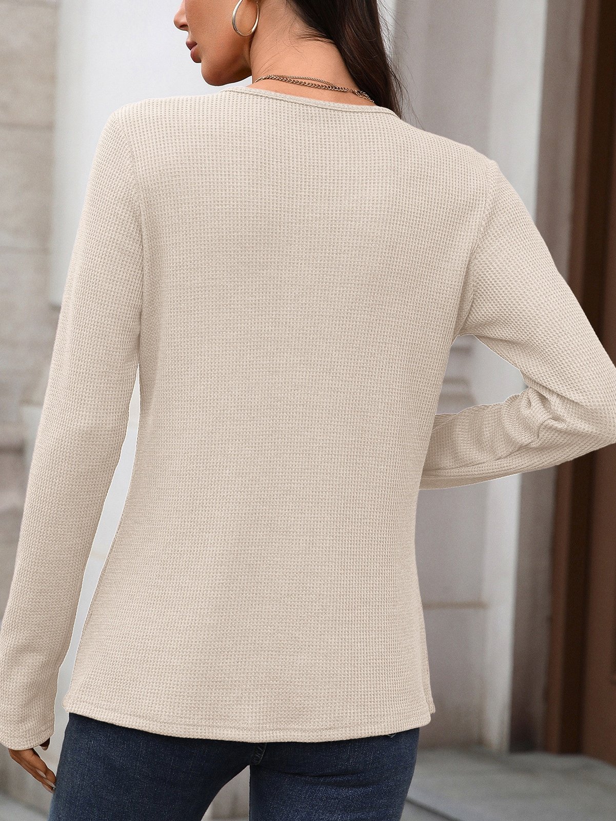 Women Plain V Neck Casual Long Sleeve T-shirt