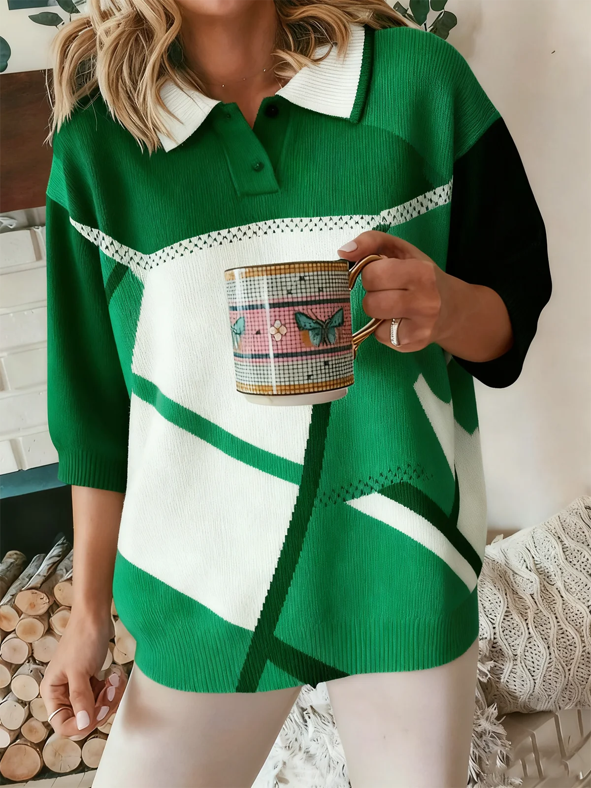 Geometric Shawl Collar Loose Casual Sweater