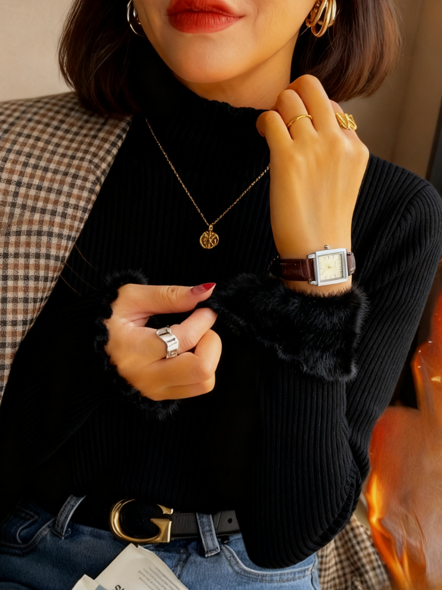 Women Plain Mock Neck Casual Long Sleeve T-shirt