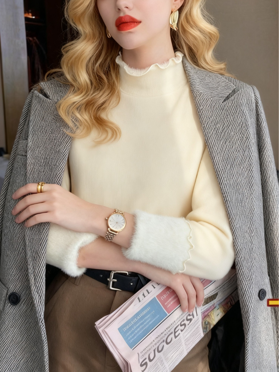 Women Plain Mock Neck Casual Long Sleeve T-shirt