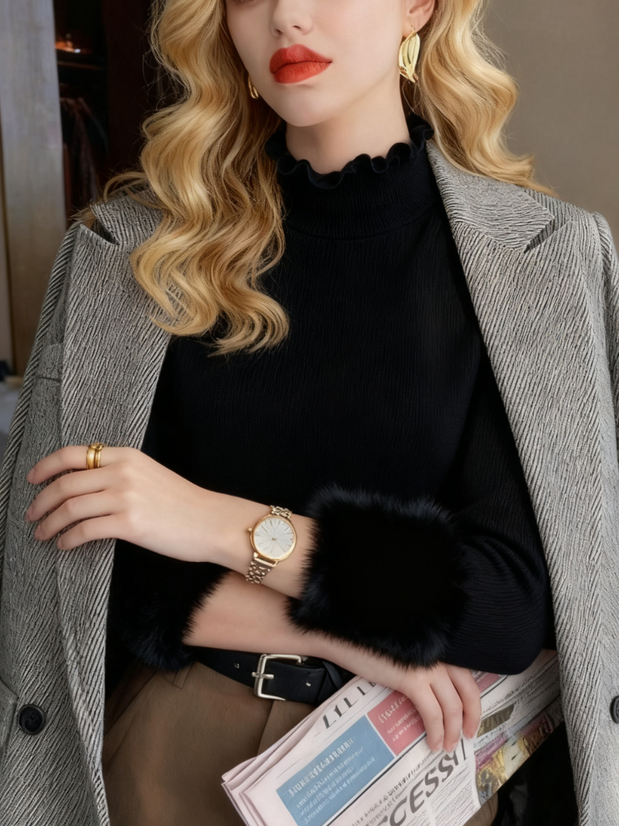 Women Plain Mock Neck Casual Long Sleeve T-shirt