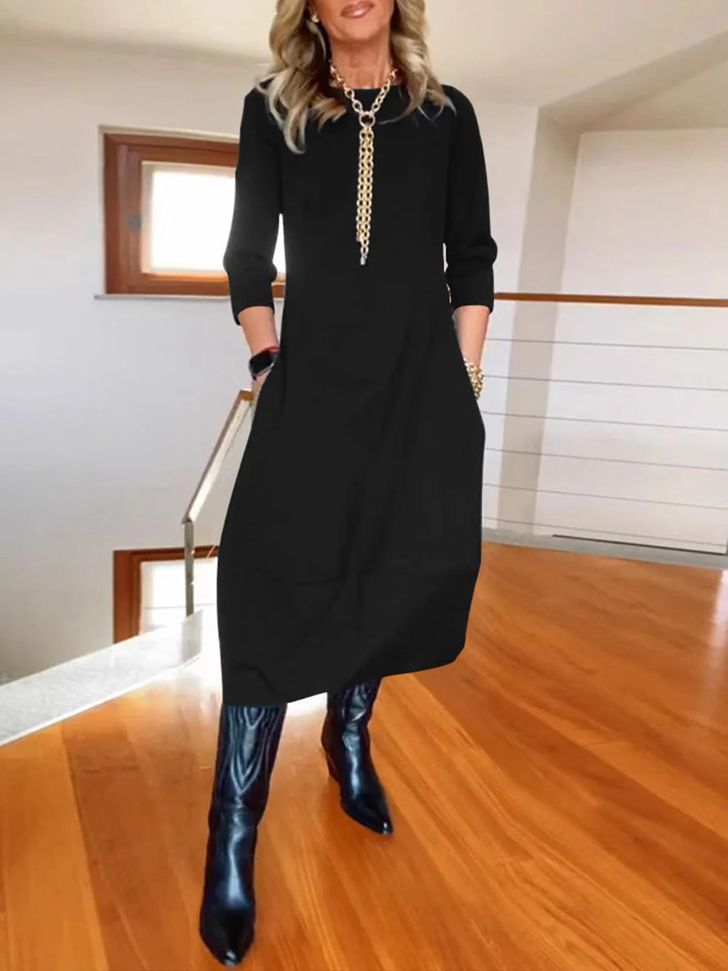 Casual Plain Crew Neck Midi Dress