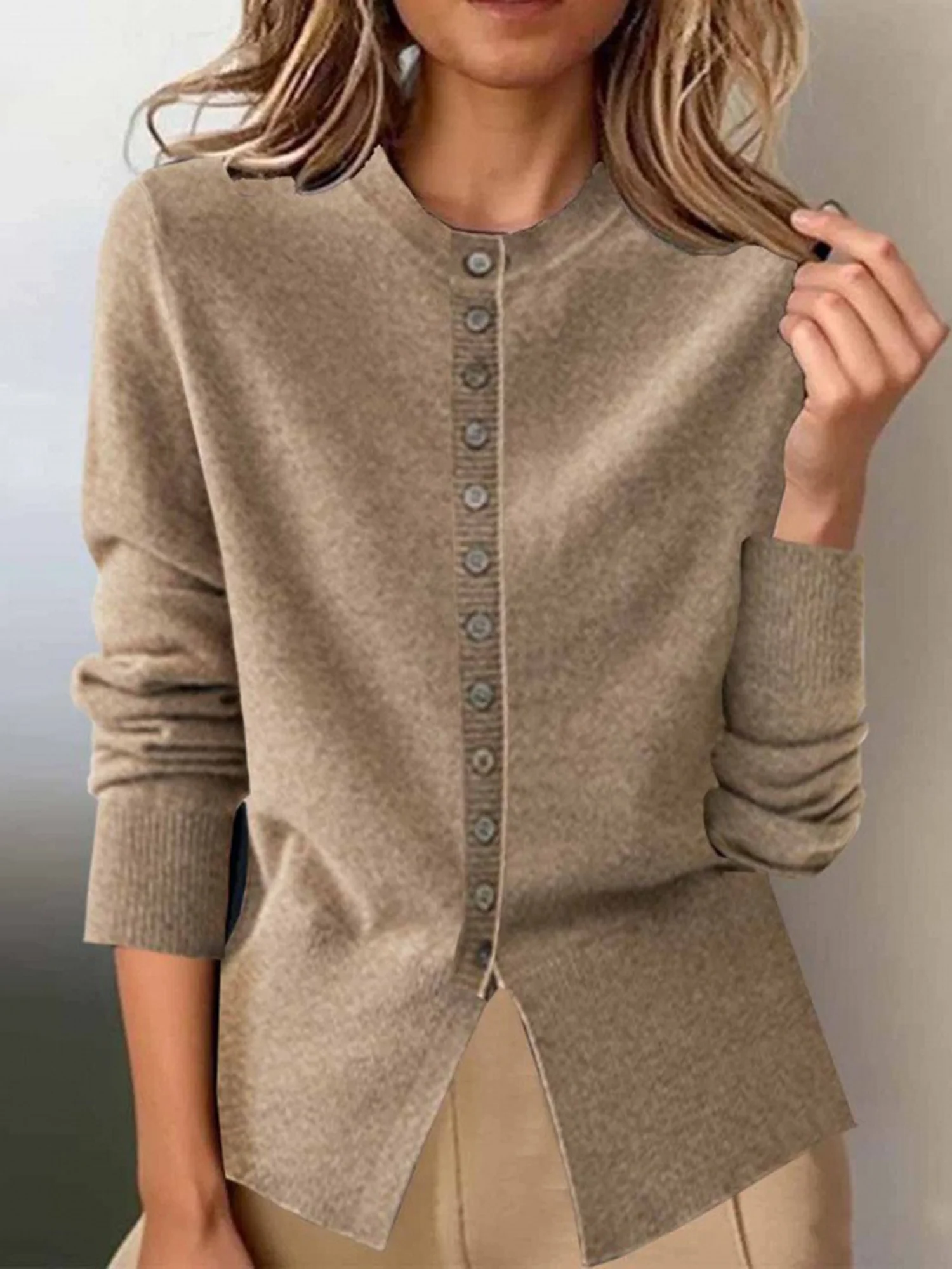 Urban Plain Buttoned Crew Neck Regular Sleeve Sweater