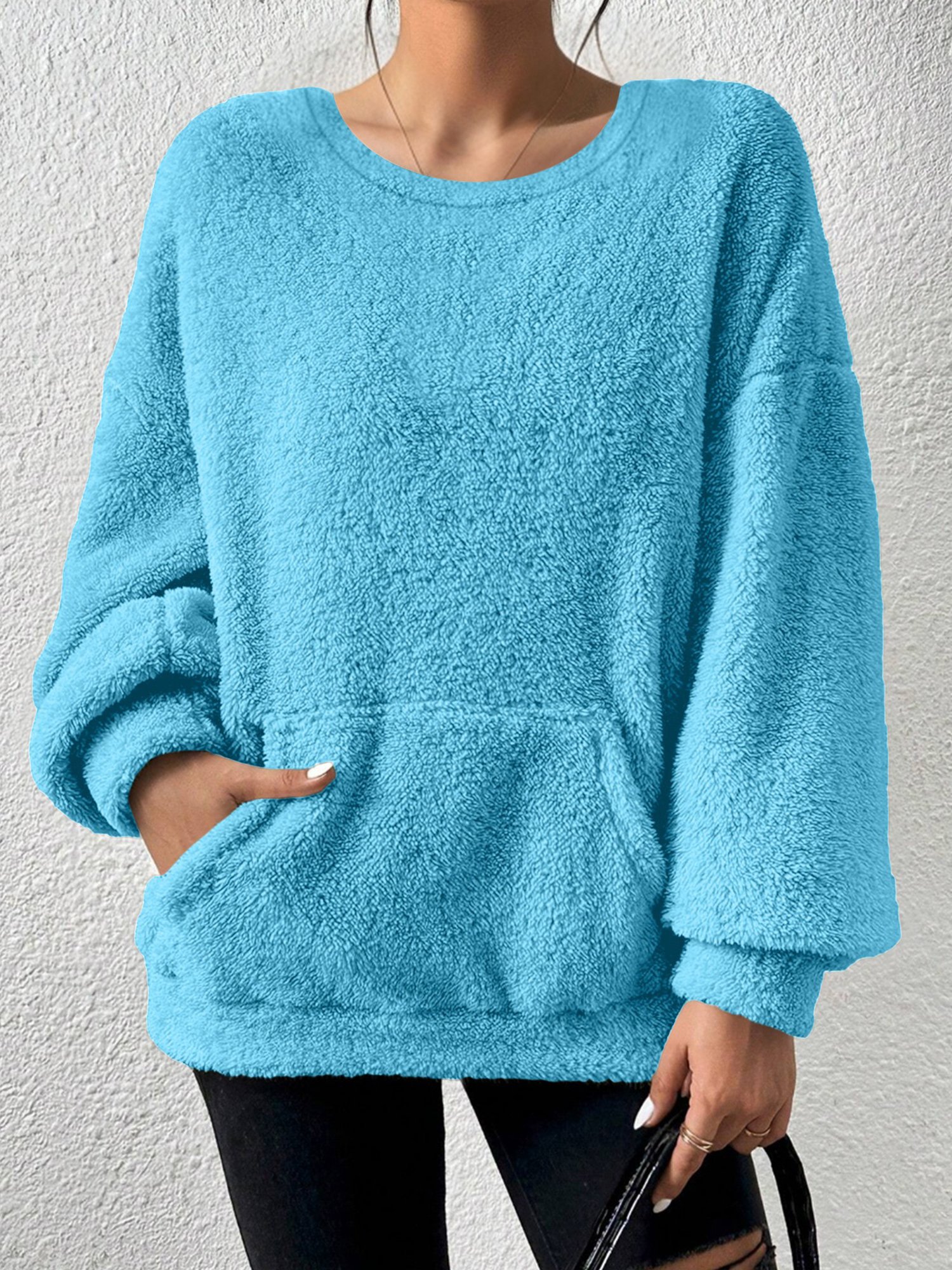 Casual Plain Crew Neck Raglan Sleeves Sweatshirt