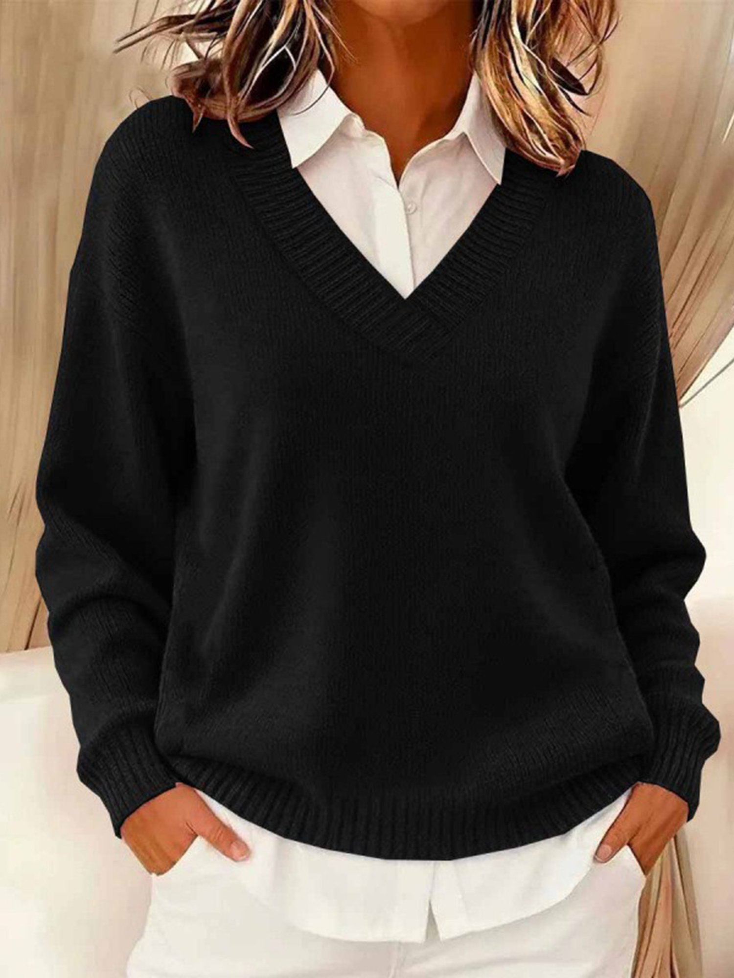 Casual Plain V Neck Raglan Sleeves Sweater