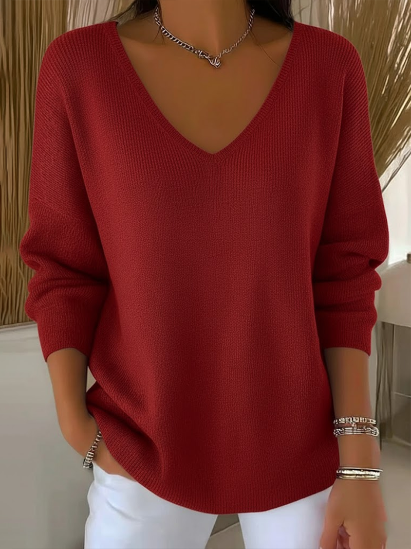 Women Plain V Neck Casual Long Sleeve T-shirt