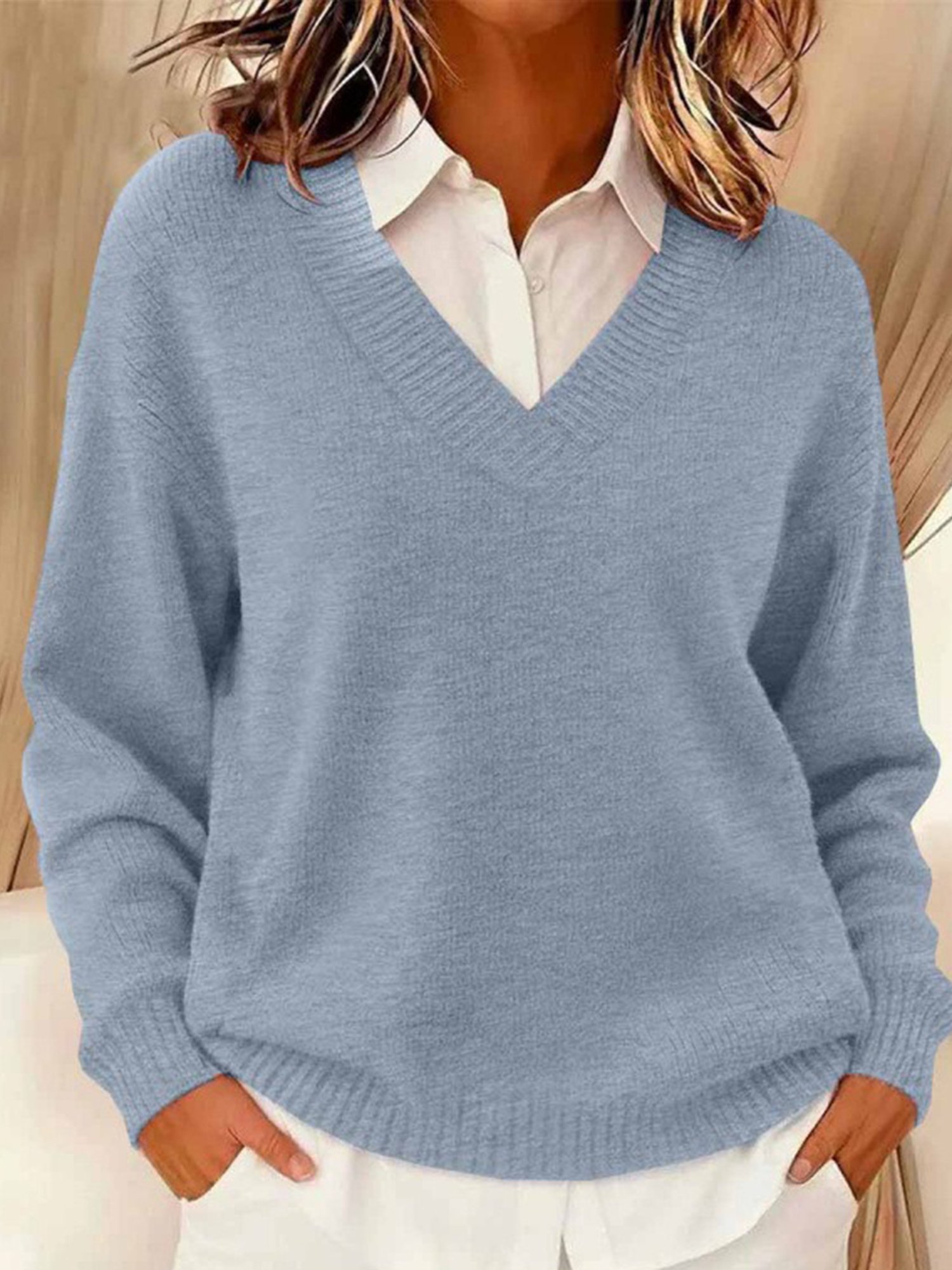 Casual Plain V Neck Raglan Sleeves Sweater